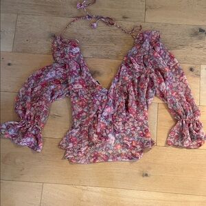 Misa Los Angeles Floral Ruffle Blouse in Pink and Red